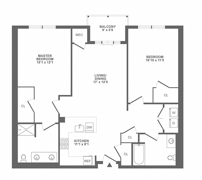 Floor plan for 2 beds, 2 baths, 1195 sqft